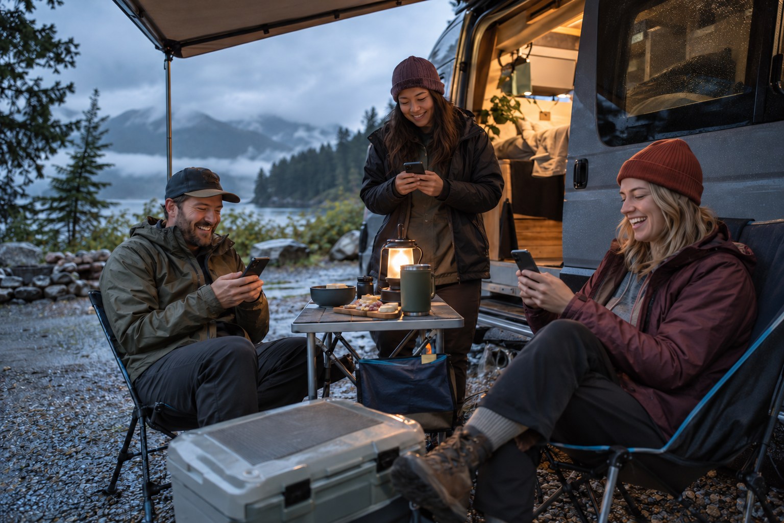 Photorealistic generated scene of three friends under a campervan awning after rain, each looking at their own phone