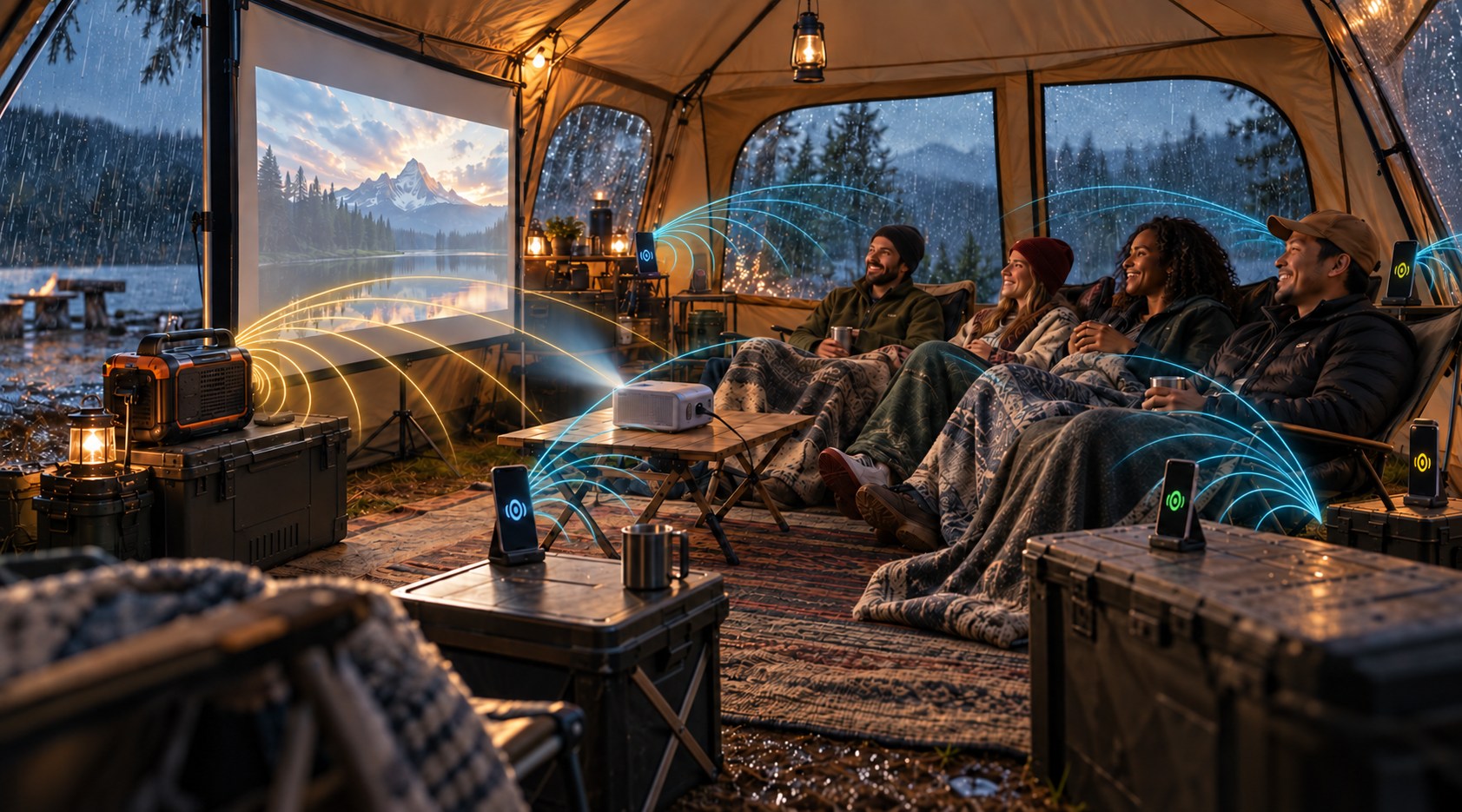 Photorealistic concept: four friends watch a projected movie inside a large tent while rain falls outside; several phones on stands surround the viewers and illustrated sound waves point inward from the phones and a jobsite radio