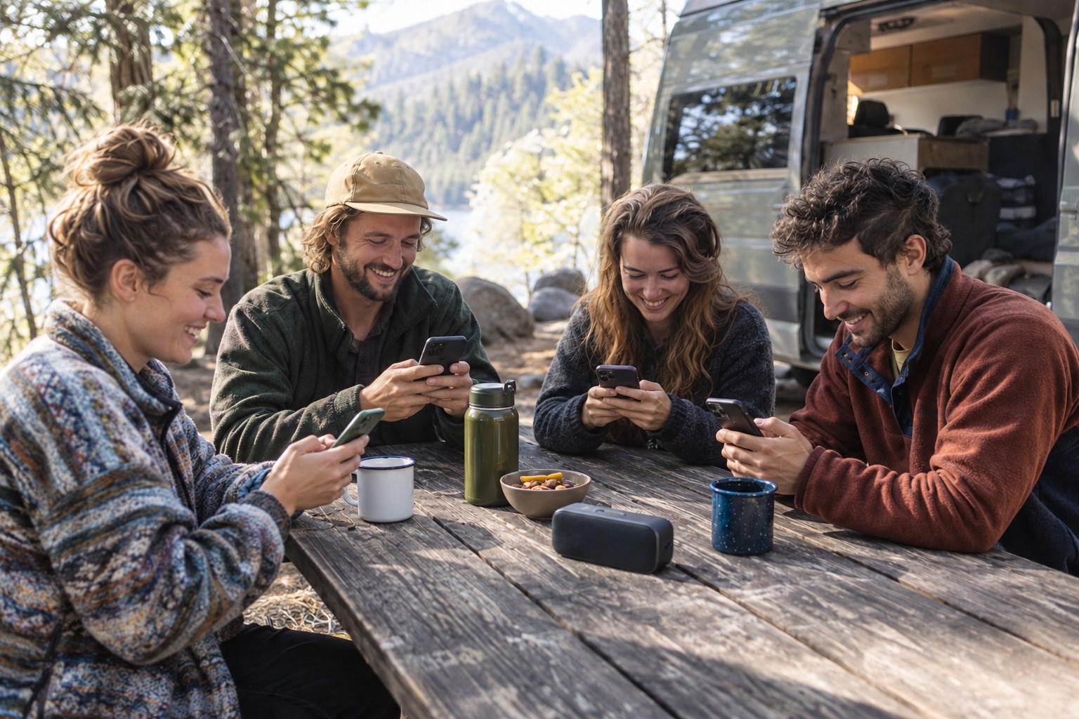 Photorealistic generated scene of four adult campers at a sunny picnic table, each smiling while looking at their own phone