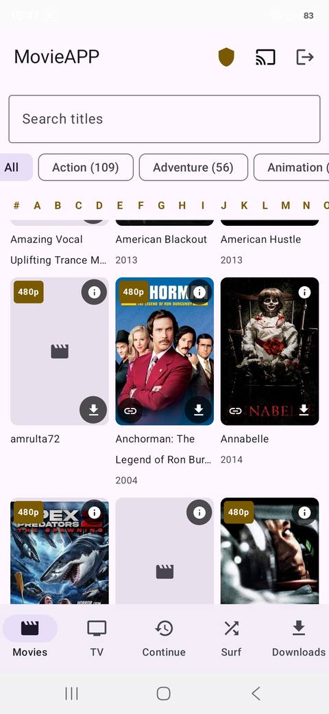 Beebo Entertainment library grid of movie posters on a phone