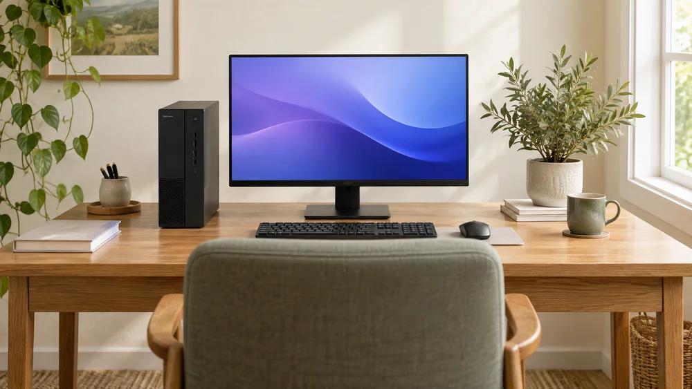 A compact home computer on an oak desk