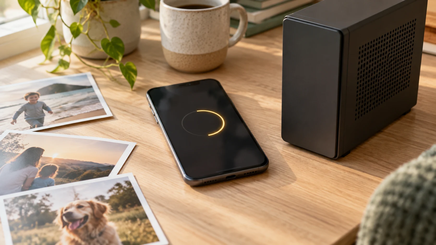 A phone and computer beside family photo prints